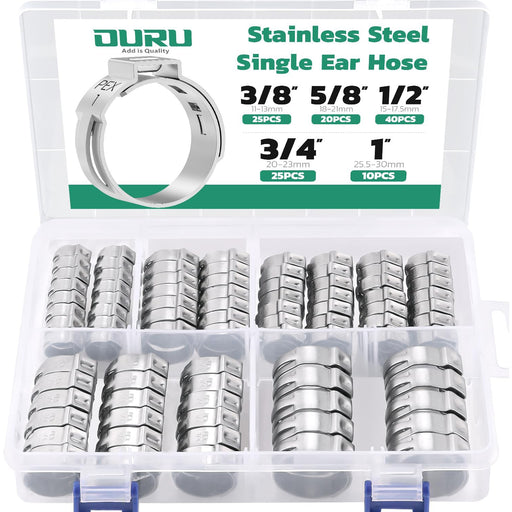 Organizer case packed with assorted stainless PEX clamps, clearly labeled sizes for plumbing repairs using pex clamps.