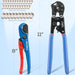 Compact pex b crimp tool applies even pressure around rings, creating tight, reliable connections on PEX tubing in cramped service areas.