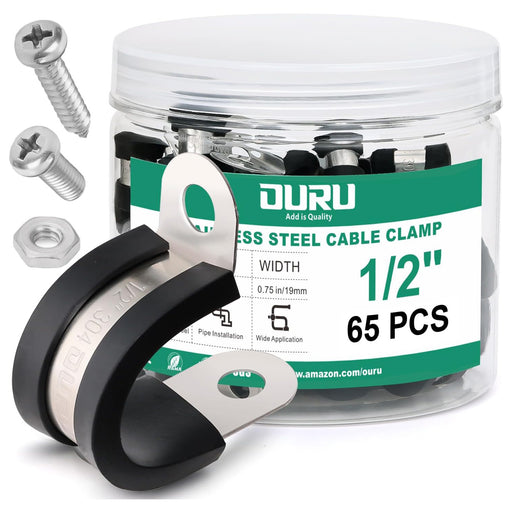 Jar pack of 65 metal wire clamps, 1/2 in cushioned stainless P-clamps with screws and nuts for cable routing.