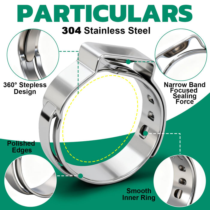 Pex rings construction overview highlighting 304 stainless steel, smooth inner ring and 360-degree stepless design.