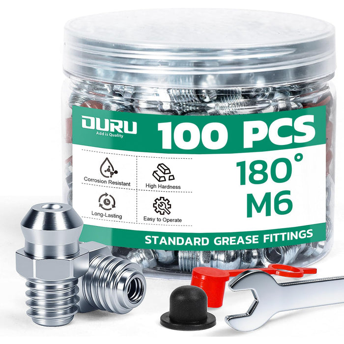 100PCS M6 180° straight zerks with caps and wrench; grease nipple fittings for routine service on cars and machinery.