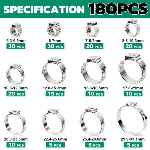 Crimp rings assortment chart showing 180-piece kit with multiple diameter options for PEX tubing installations.
