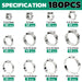Crimp rings assortment chart showing 180-piece kit with multiple diameter options for PEX tubing installations.
