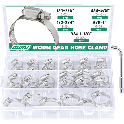 Assorted worm-gear bands with driver tool; versatile clamp for office chair cylinder fixes, home repairs, and tubing.
