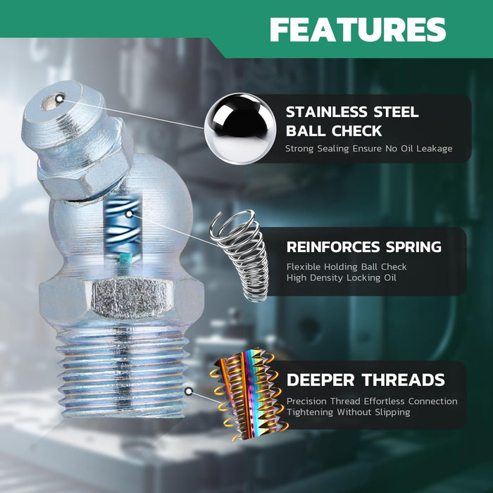 Cutaway shows spring, stainless ball check, and deep threads in a grease zerk kit for reliable, leak-free lubrication.