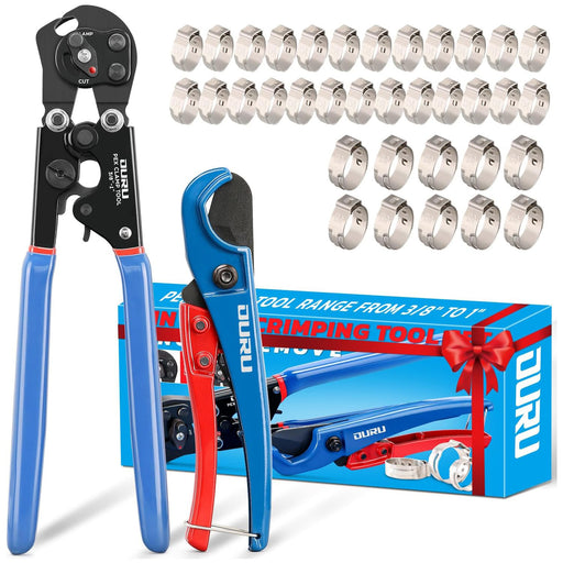 Gift set with pex crimp tool, ratcheting pipe cutter, and assortments of 3/8–1 in clamps arranged beside the retail box.