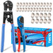Gift set with pex crimp tool, ratcheting pipe cutter, and assortments of 3/8–1 in clamps arranged beside the retail box.