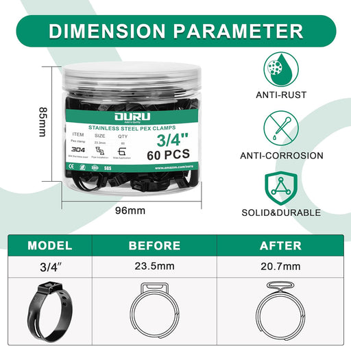 Dimension graphic and jar display pex pipe crimp rings, 3/4 inch; anti-rust, anti-corrosion, durable for long-lasting PEX joints.