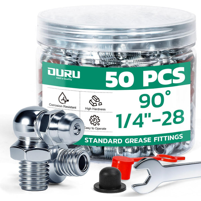 Jar of 50 alemite grease fittings, 90° 1/4''-28, with caps and wrench; chrome-finish nipples for lube access points.