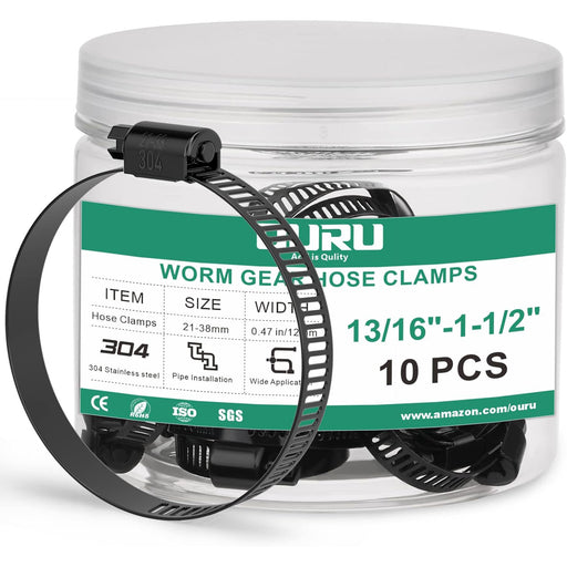 worm clamps in clear jar, 10 pcs 21–38 mm; black 304 stainless band for pipes and hoses, tight leak-free connections