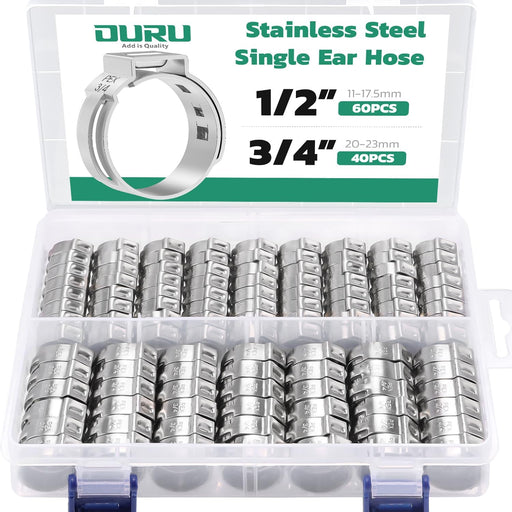 Single-ear clamps kit helps choose the best type of pex fittings; 1/2 and 3/4 inch sizes organized for quick, clean installs.