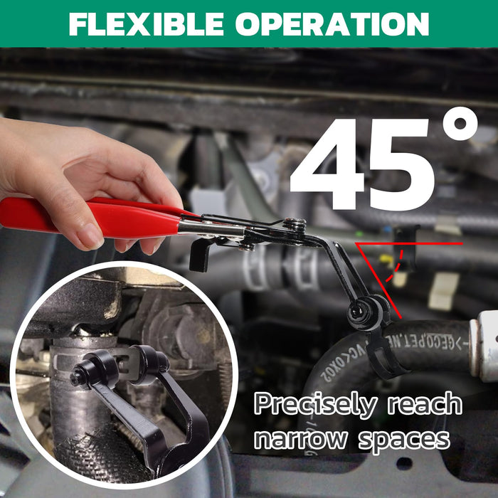 Single ear hose clamp removal pliers reaching tight engine bay space, 45° angled head for precise access on hoses.