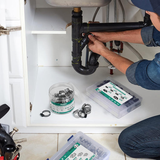 Wide hose clamp assortment with adjustable bands and listed diameters; ideal for large ducts, vents, and heavy plumbing.