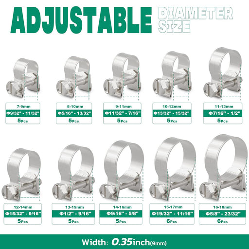 fuel injection hose clamp set in seven sizes 7–18 mm; labeled layout and icons for air, fuel, and water applications.