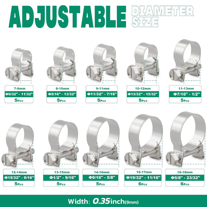 fuel injection hose clamp set in seven sizes 7–18 mm; labeled layout and icons for air, fuel, and water applications.