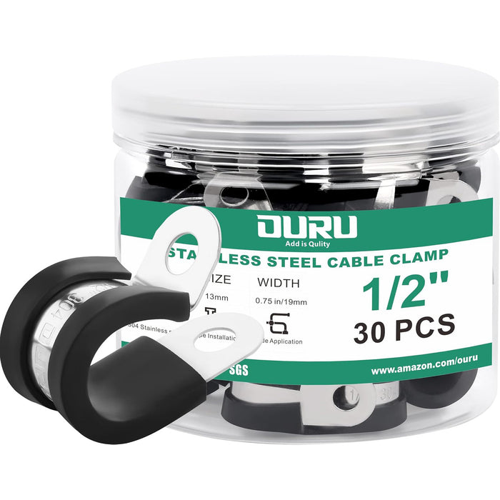 1/2" 304 stainless cord clamps, rubber-cushioned P-clamps, 30 pcs container.
