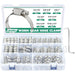 Heater hose clamp variety pack; stainless worm gear clamps for auto cooling lines, sorted by size inside labeled box.