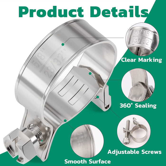 fuel hose clamp details: clear markings, 360° sealing, smooth edges, and adjustable screws for secure, leak-free use.