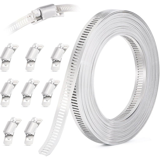 Stainless hose clamp kit: long band plus multiple housings for making custom sizes to secure pipes, ducts, and irrigation lines.