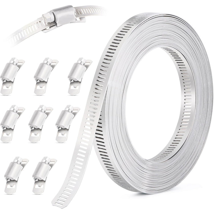 Stainless hose clamp kit: long band plus multiple housings for making custom sizes to secure pipes, ducts, and irrigation lines.
