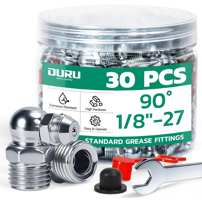 30PCS 1/8"-27 90° zerks with caps and wrench; kit for grease lines and fittings on cars, tractors, mower, and shop gear.