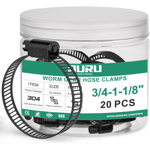 heavy duty hose clamp types in jar, 20 pcs 19–29 mm; black 304 stainless worm gear bands for marine and automotive use