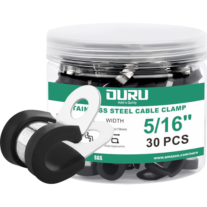 5/16 inch rubber-cushioned stainless P-clamps, 30 pieces labeled OURU.