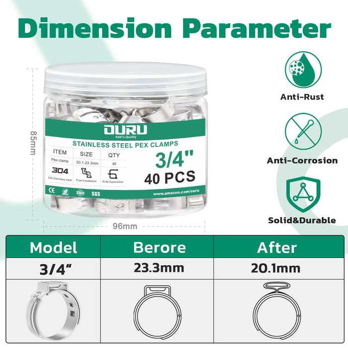 Wiring harness clips kit image: 3/4 in stainless PEX clamps in jar with dimensions and before/after compression graphic.