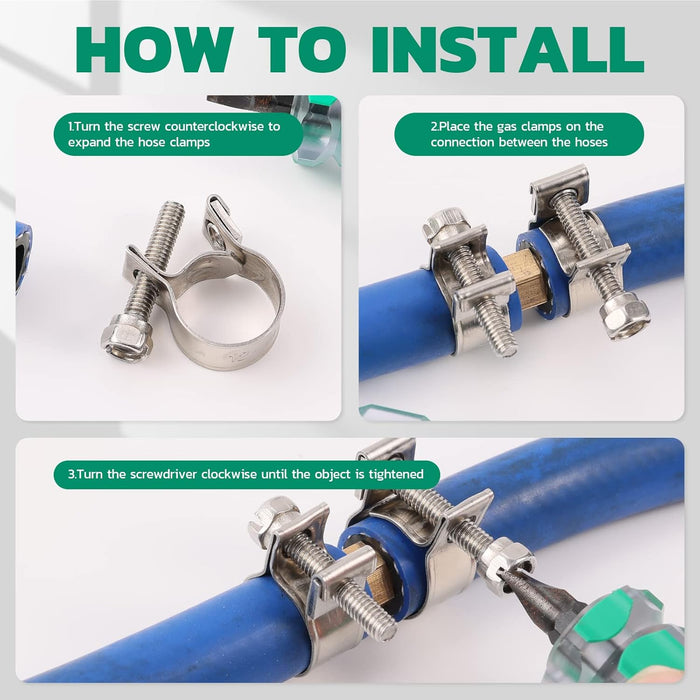 clamp for fuel line guide: open with screw, set on hose joint, tighten clockwise to secure connection and prevent leaks.