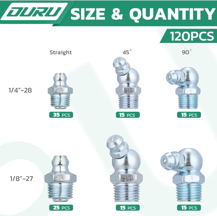 Size and quantity overview of fittings for grease gun; straight, 45°, 90° pieces with counts per 1/4"-28 and 1/8"-27.