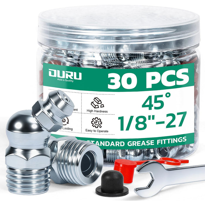 Jar of 30 metric grease fittings, 45° 1/8''-27, with wrench and dust caps; zinc-plated nipples for lubrication.
