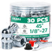 Jar of 30 metric grease fittings, 45° 1/8''-27, with wrench and dust caps; zinc-plated nipples for lubrication.