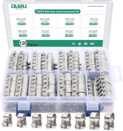 fuel line clamps assortment kit, 120 pieces in labeled organizer, 7–18mm sizes, stainless mini clamps for small hoses.