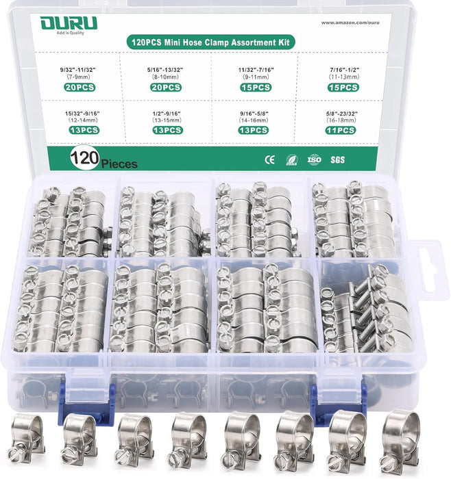 fuel line clamps assortment kit, 120 pieces in labeled organizer, 7–18mm sizes, stainless mini clamps for small hoses.
