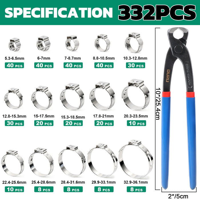 Auto wiring clips and PEX clamp assortment: 332PCS specification chart plus 10-inch clamp tool shown with dimensions.