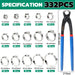 Auto wiring clips and PEX clamp assortment: 332PCS specification chart plus 10-inch clamp tool shown with dimensions.