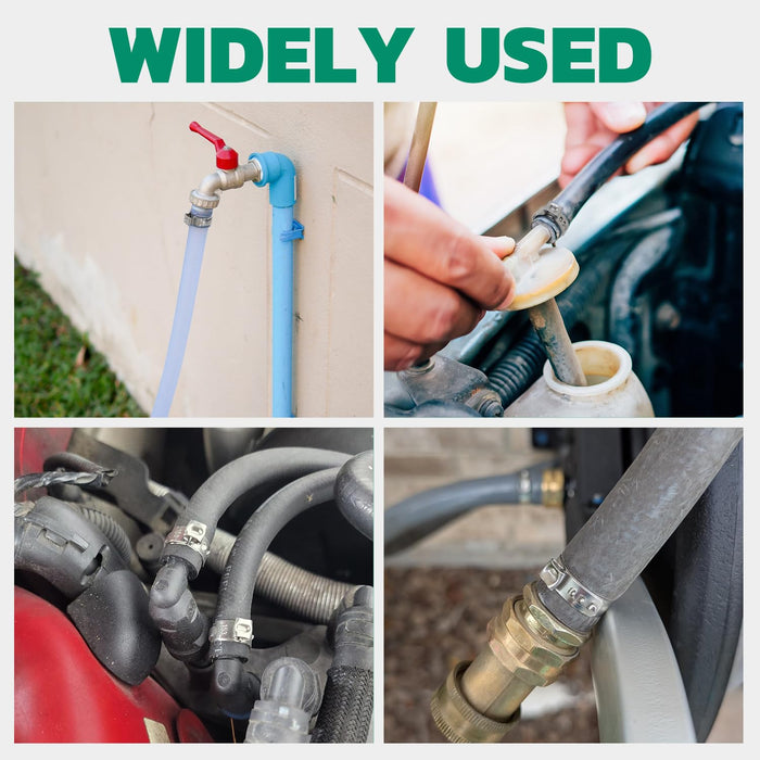 Pex cinch rings widely used examples in plumbing and automotive: faucet line, engine bay, and wiring harness clamps.