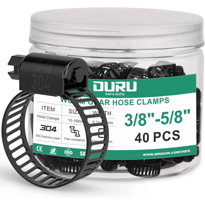 hose line clamp pack, 40 pcs 10–16 mm; black 304 stainless worm gear bands in jar for HVAC, lawn, appliance maintenance