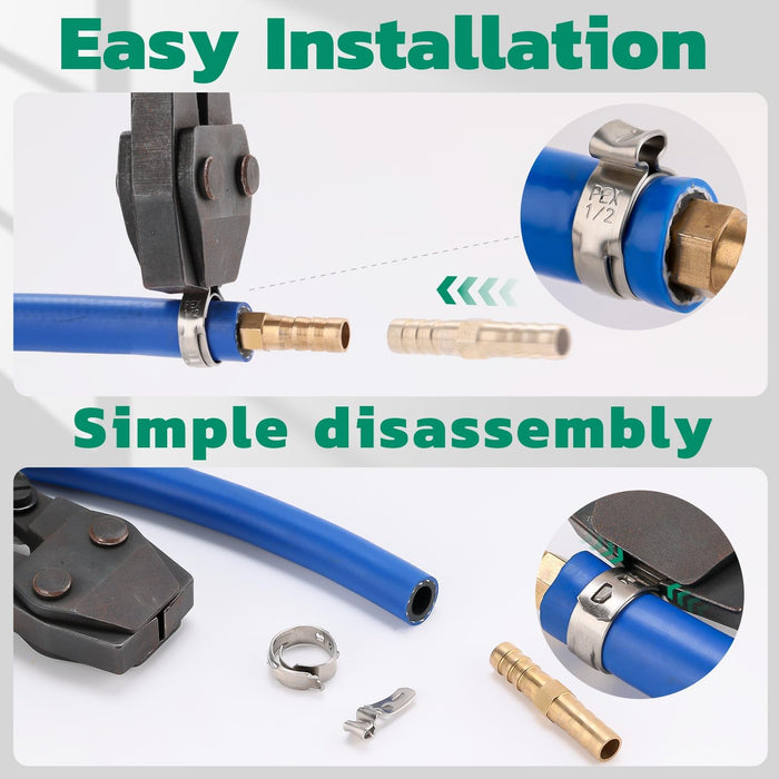 Step image installing pex b crimp rings with cinch tool on blue tubing; easy install and clean removal from brass barbed couplers.
