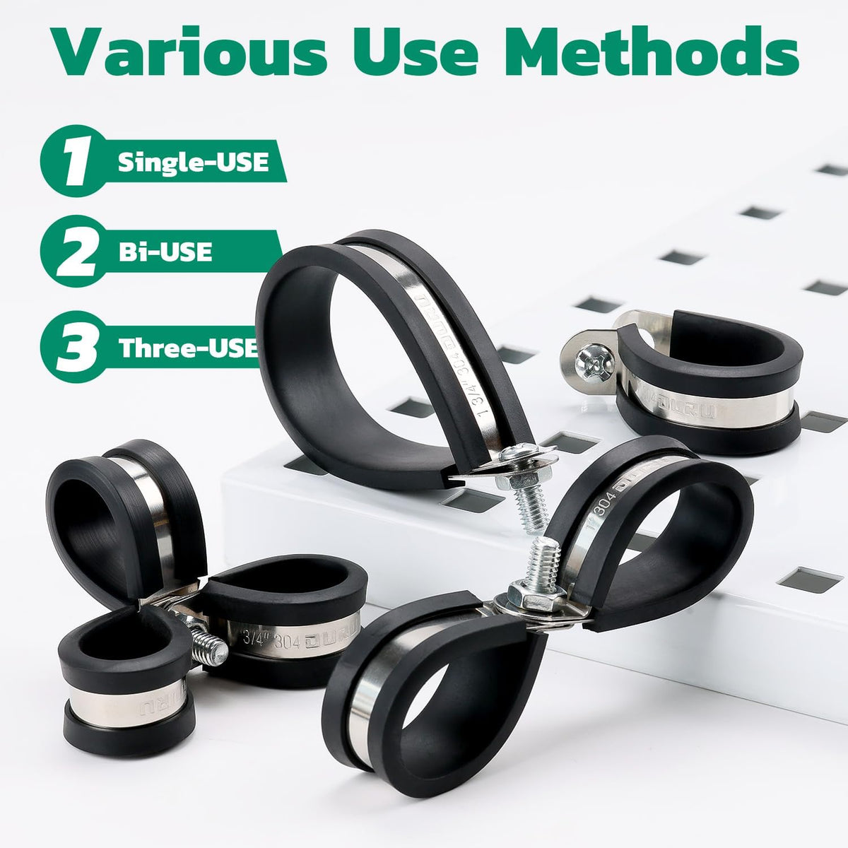 wire cable clamp usage options: single, double, triple mounting with rubber-lined stainless P-clamps.
