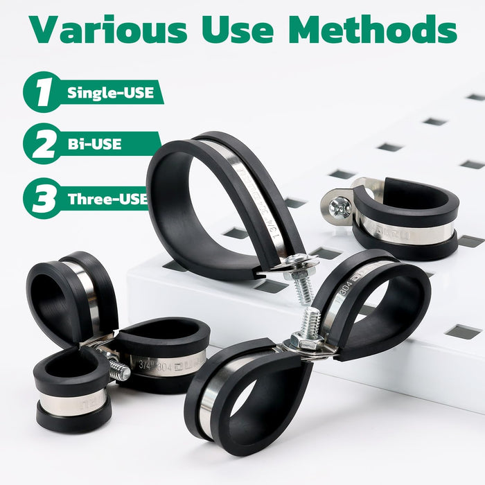wire cable clamp usage options: single, double, triple mounting with rubber-lined stainless P-clamps.