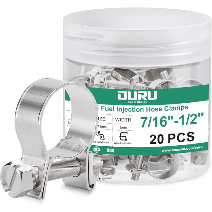 fuel line pinch clamp pack, 7/16–1/2 inch; 20 pcs in labeled jar, 304 stainless mini clamps for precise hose sealing