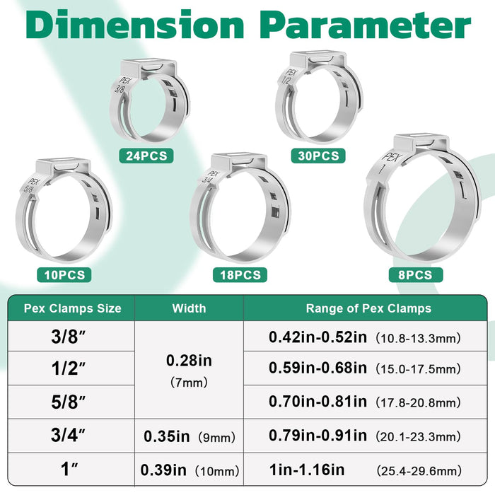 Pex stainless steel crimp rings size chart showing multiple diameters, quantities, and precise clamping ranges for PEX tubing.