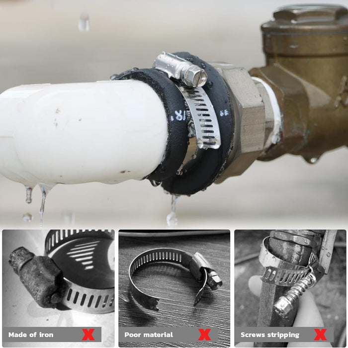 304 stainless worm-gear band sealing a leaking pipe; hydraulic hose clamp to prevent leaks and resist corrosion.