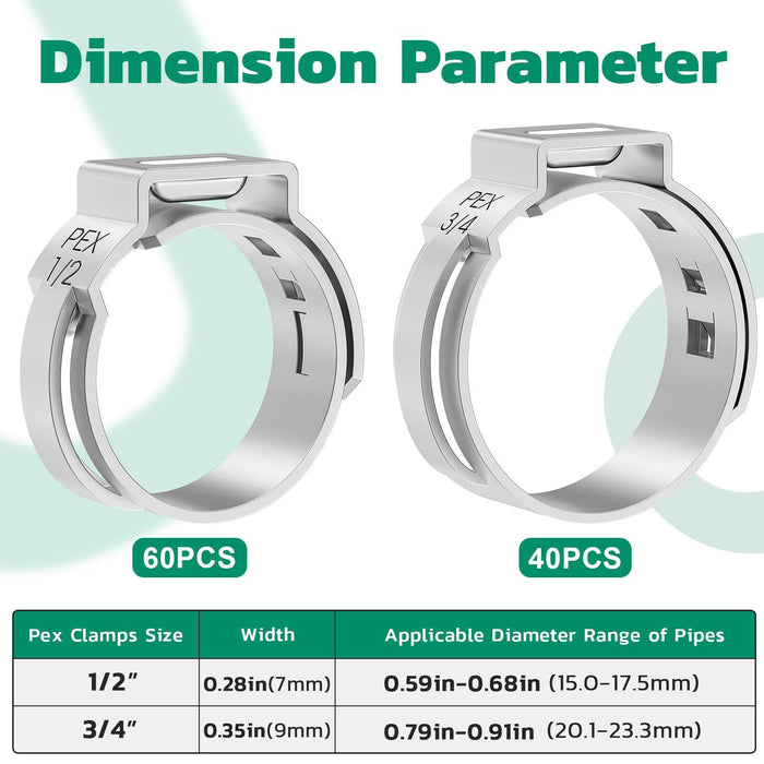 Dimension chart for pex ring crimp assortment, 60pcs 1/2 in and 40pcs 3/4 in, widths 7mm and 9mm, fit 15–23.3mm pipes.