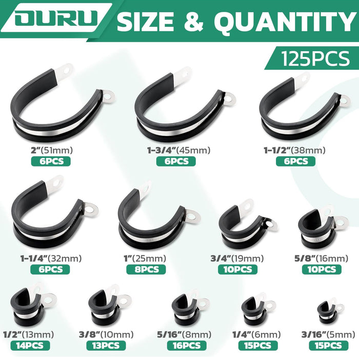 Assortment chart for plastic cable clamp options—125-piece cushioned set listed by size and quantity.