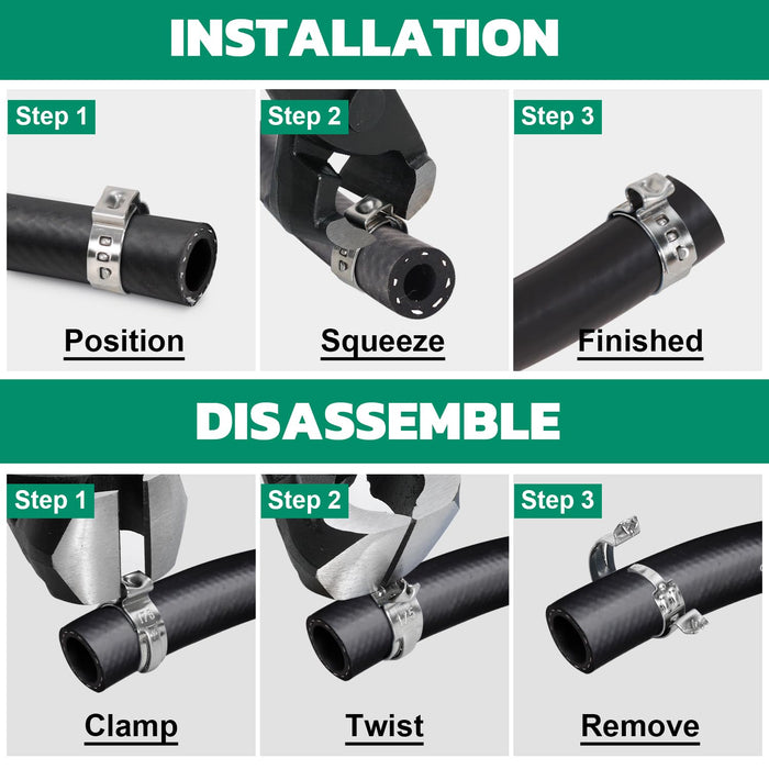 Stainless steel crimp rings installation and removal steps, showing position, squeeze, finish, twist, and clean removal.