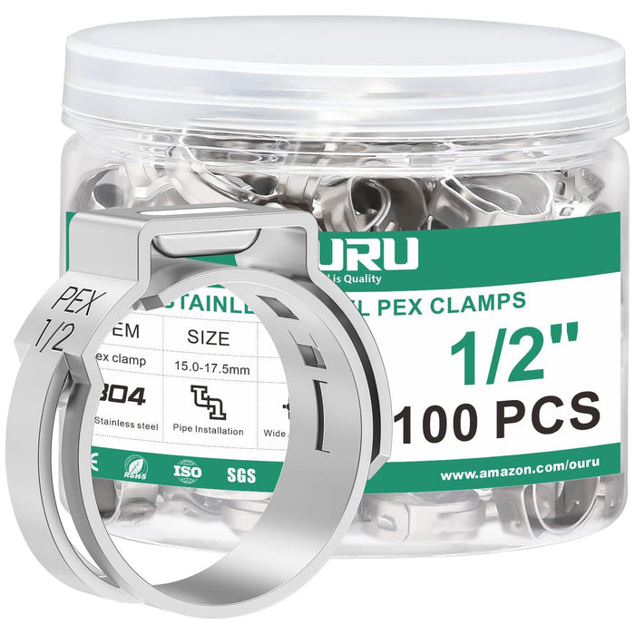 Jar of 100PCS 1/2 inch stainless single-ear rings for pex fittings; 304 steel clamps, clear size marks, leak-free pipe seals.