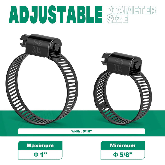 clamp hose size guide: 5/16 inch width, fits 5/8–1 inch; black 304 stainless worm gear band for fuel, air, water lines