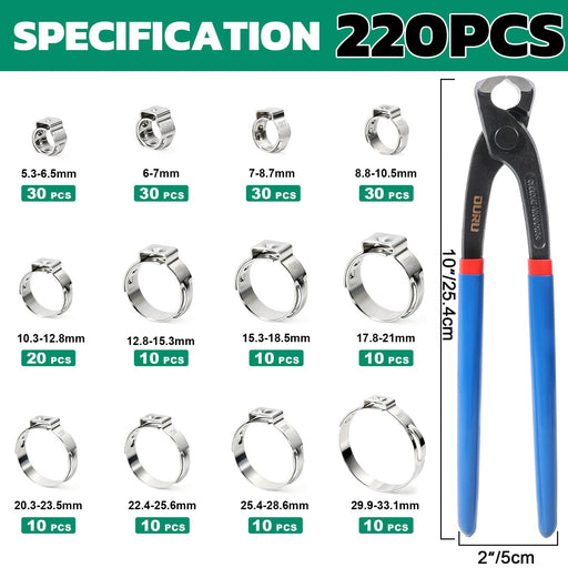 Single ear stepless hose clamps assortment displaying full size coverage, smooth inner bands, and even 360-degree pressure.
